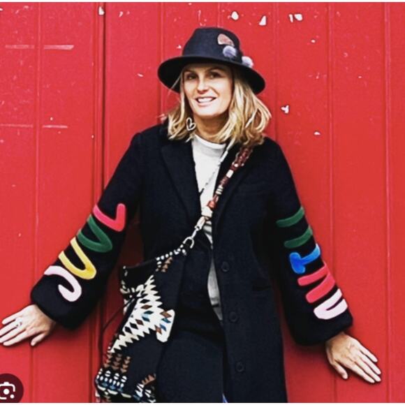 Desigual Estonia Coat Colorful Lettering Sleeves Wool Black Large - Picture 4 of 15